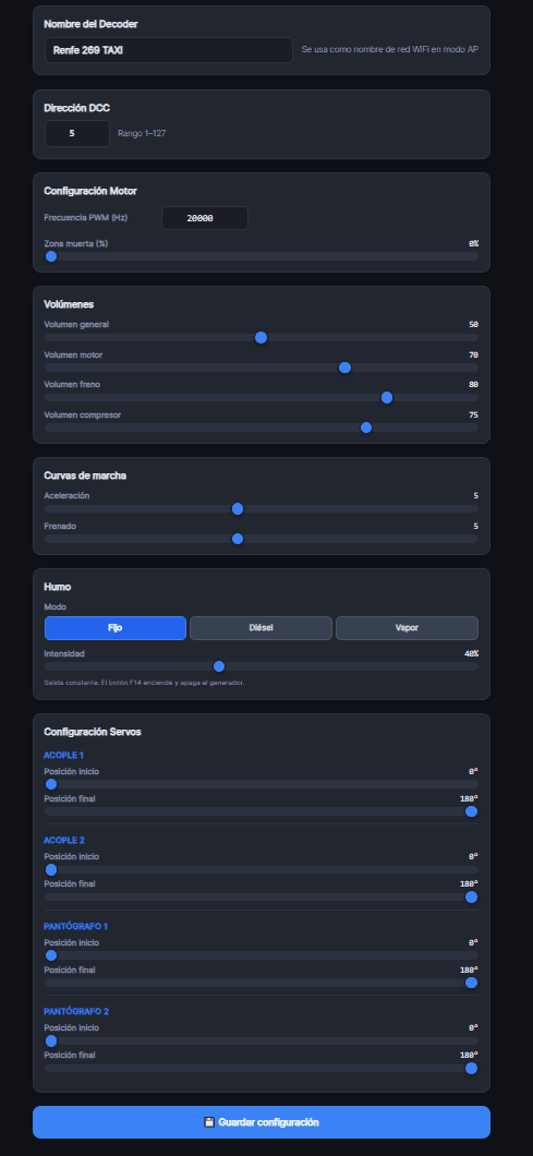 Ajustes del decoder en la app: dirección DCC, motor, volúmenes, curvas, humo y servos