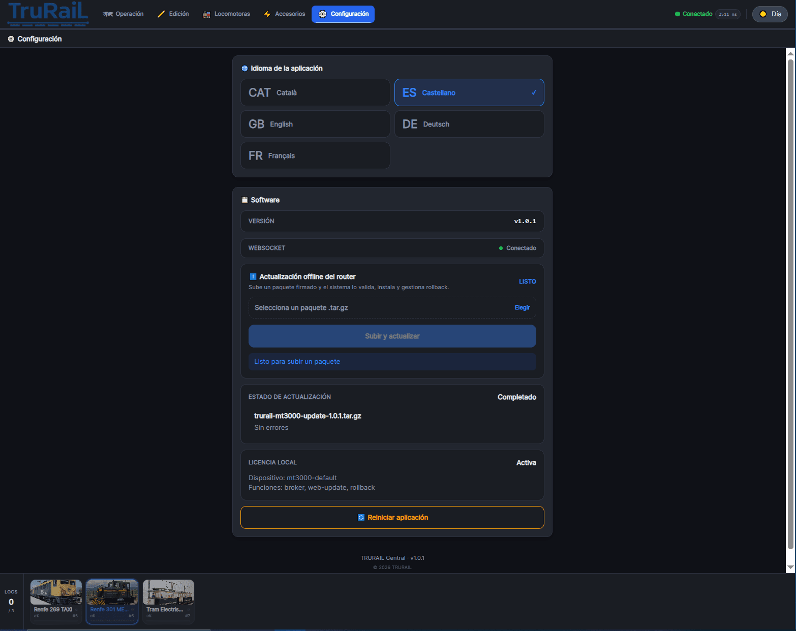 App TruRail: idioma, versión y actualización offline de la central