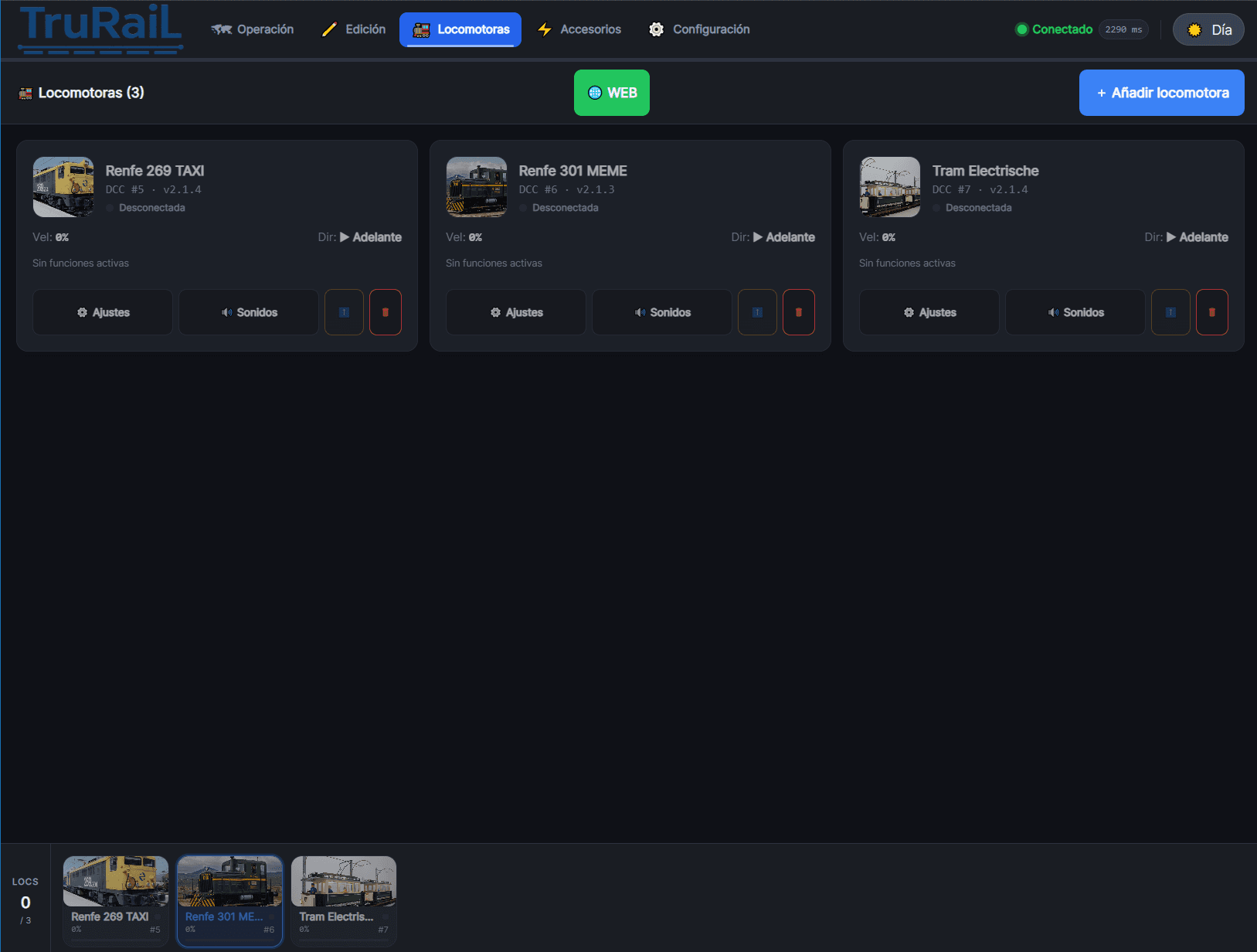 App TruRail: listado de locomotoras con su dirección DCC